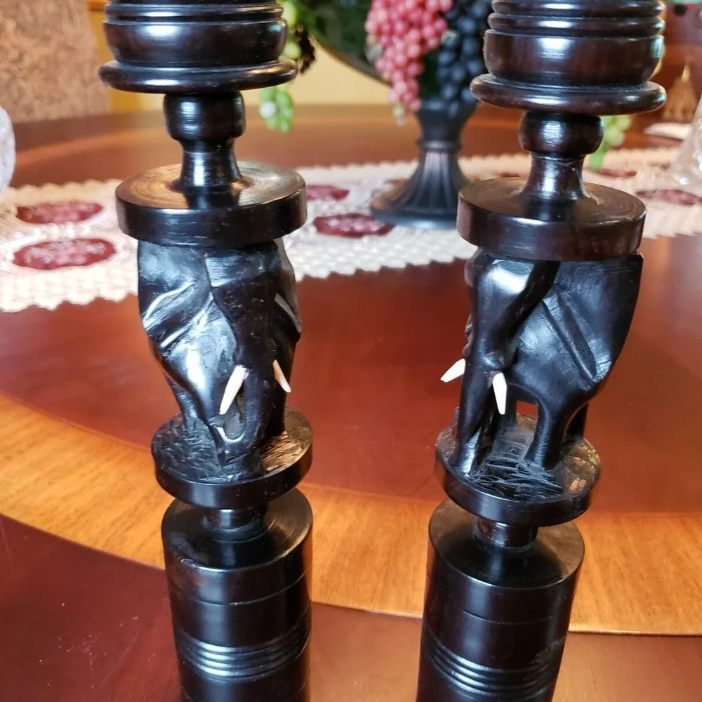 Pair of Hand Carved Ebony Wood African Elephants Candlesticks/Candle Holders